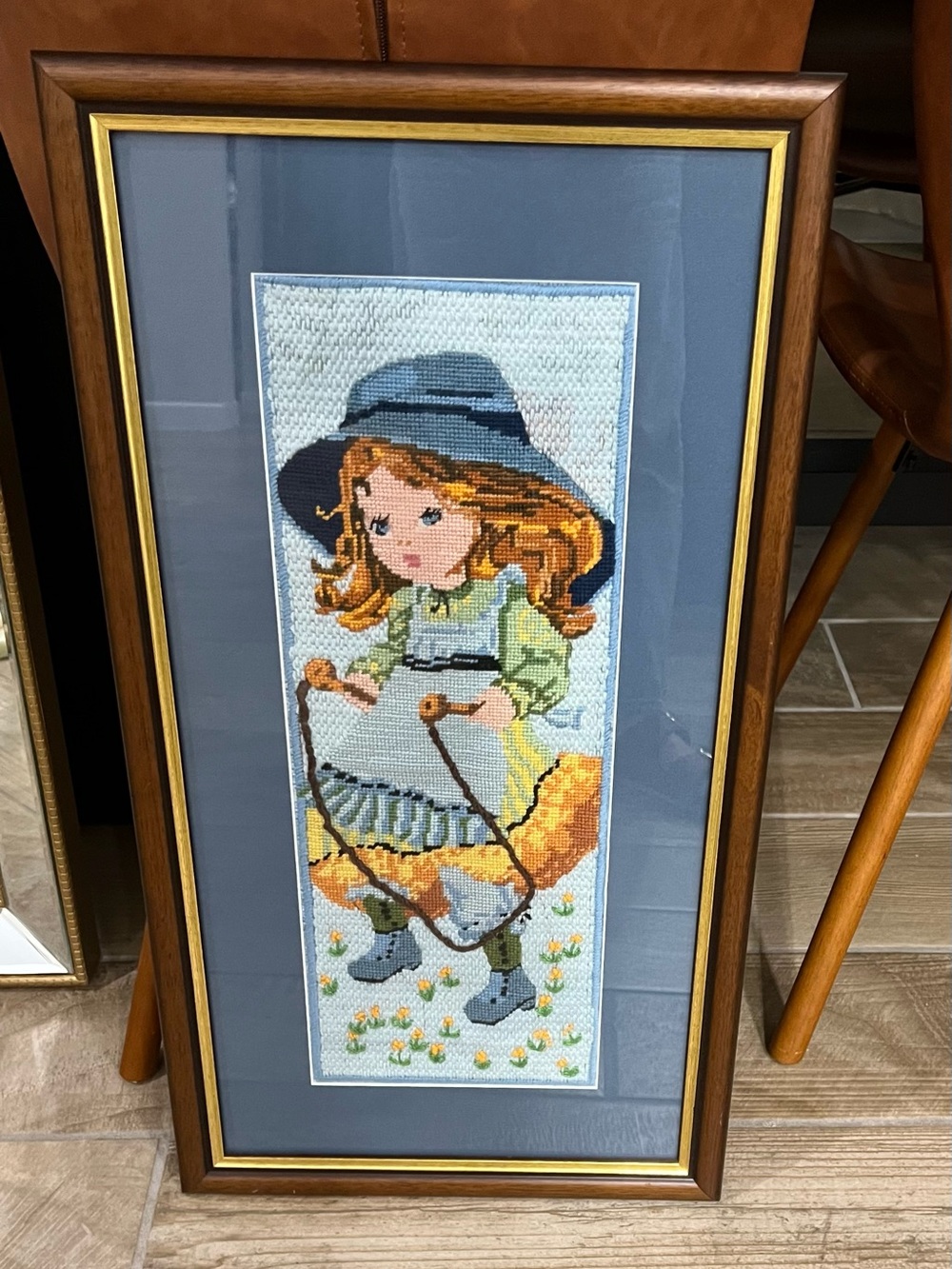 Vintage Framed Needlepoint Girl in Blue Hat 26x14